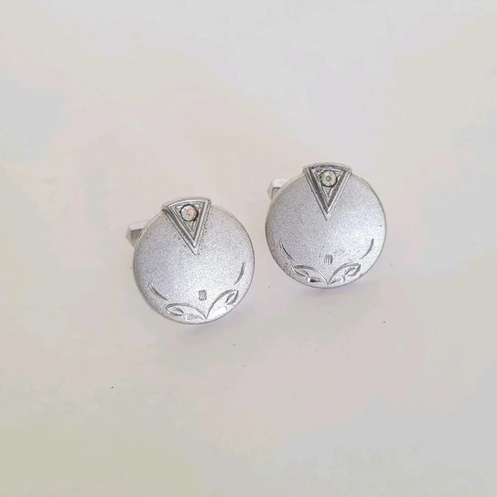 Silver Tone Cufflinks Vintage Round Retro Art Deco Circonia‎ Unbranded Quality